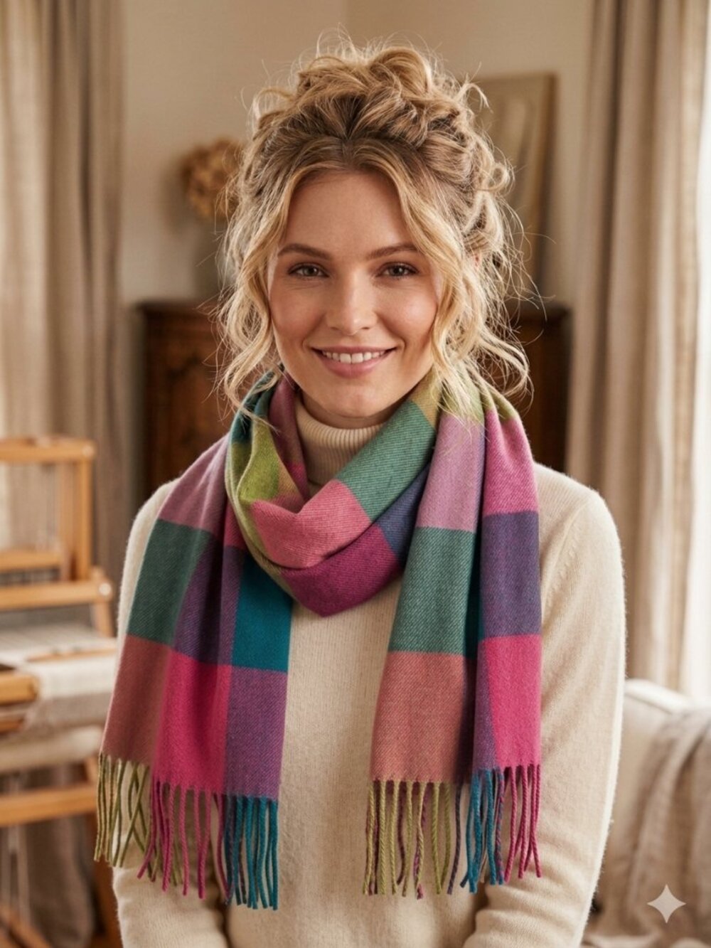 100% Cashmere Multicolor Plaid Block Check Fringe Scarf Scotland Dopamine Boho